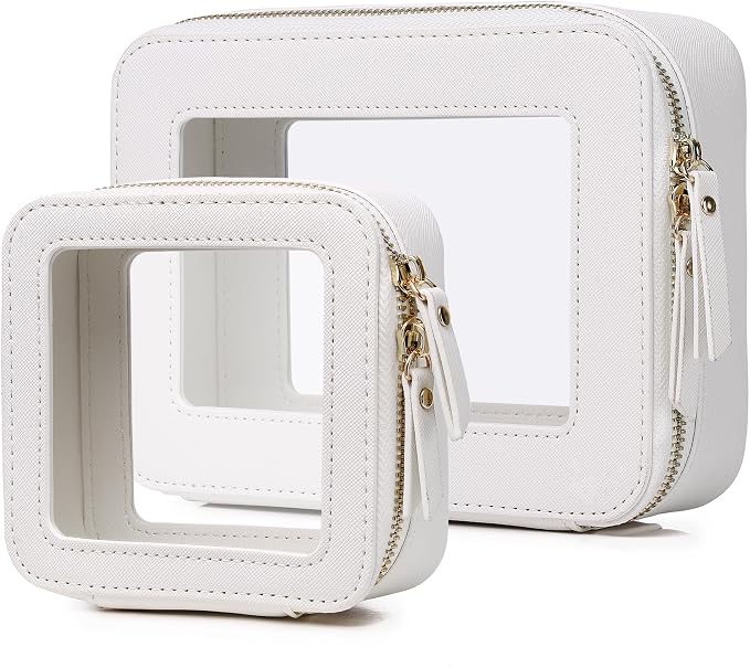 Pinkmik Clear Makeup Bag, (White, M+MINI) | 2PC,Waterproof, Travel Case for Cosmetics and Toiletries, Women's Purse Organizer, Clear Car Bag with Zipper by Pinkmik