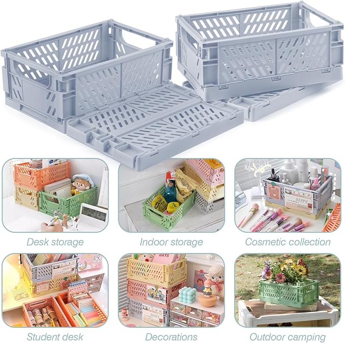 4 Pcs Collapsible Storage Crates, 10x5.9x4 inches Space-Saving Folding Containers, Stackable Plastic Boxes for Home Kitchen Office Bedroom Bathroom, Light Blue - Image 6
