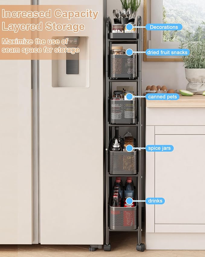 UMDONX 5-Tier Narrow Mobile Storage Cart with Pull-Out Baskets | The Multifunctional Pull-out Storage Rack Is Suitable for Bathrooms, Kitchens, and Laundry Rooms - Image 7
