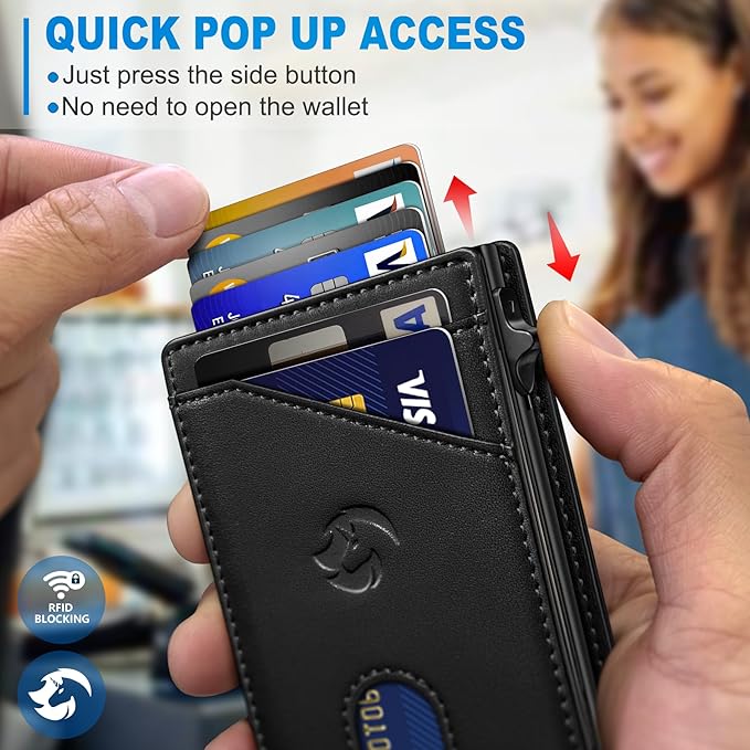 Wallet for Men, Slim Pop Up Card Holder with RFID Blocking, Minimalist Bifold Wallet with 9 Card Slots, ID Window and Cash Pocket, Metal Flip Case with Magnetic Closure, Gift Box - Image 5