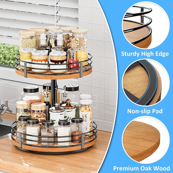 Lazy Susan Turntable Organizer Adjustable - 2 Tier Wood Rotating Spice Rack 12 Inch Lazy Susan for Kitchen Countertop Cabinet Pantry Cupboard Dining Table Bathroom Coffee Bar Home Storage - Image 4