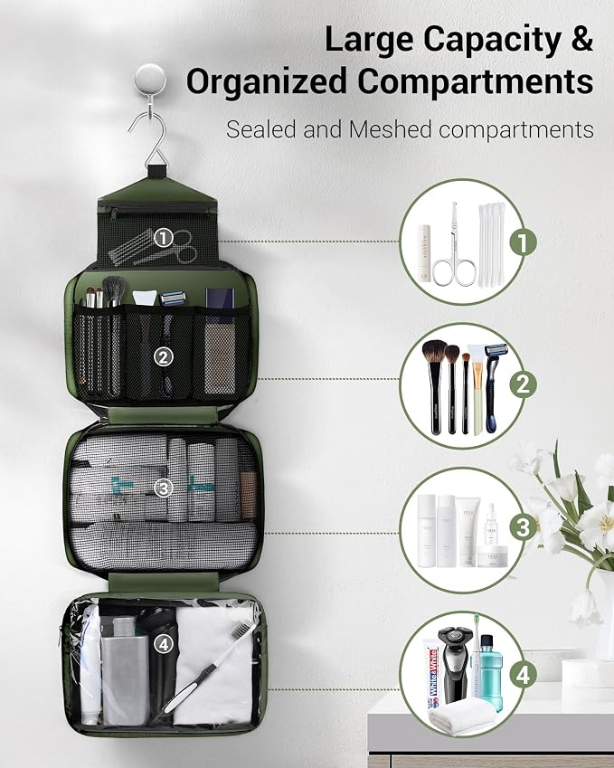 Maliton Toiletry Bag for Men & Women Travel Toiletry Bag Hanging Toiletry Bag Hygiene Organizer with 4 Compartments Waterproof Bathroom Shower Bag Large Toiletries Travel Bag (Olive Green) - Image 2