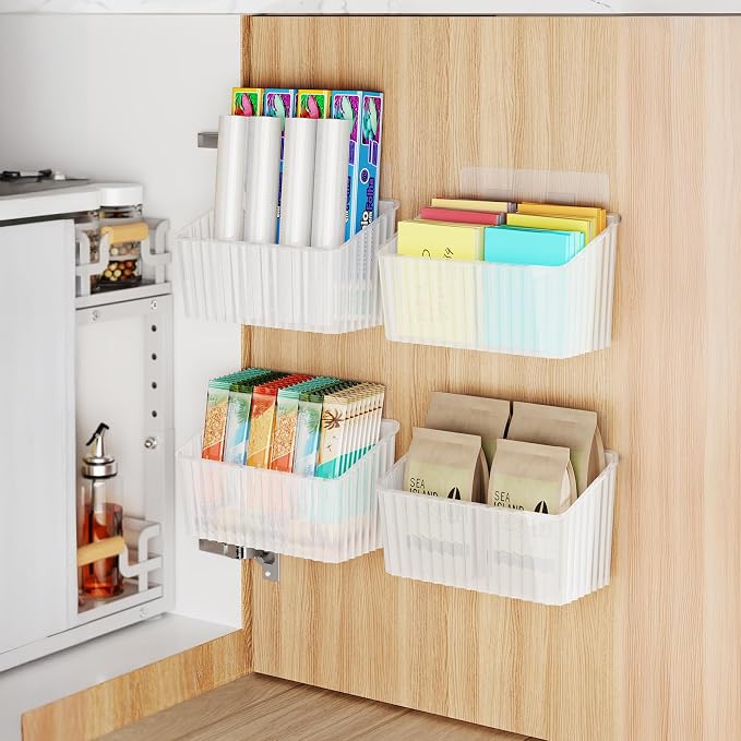 NiHome 4-Pack Cabinet Door Organizer, Adhesive RV Camper Wall Storage Caddy | No-Drill Plastic Bin With Drain Holes For Kitchen Bathroom Pantry Organization, Space Saving Small Item Holder, Medium, White - Image 4
