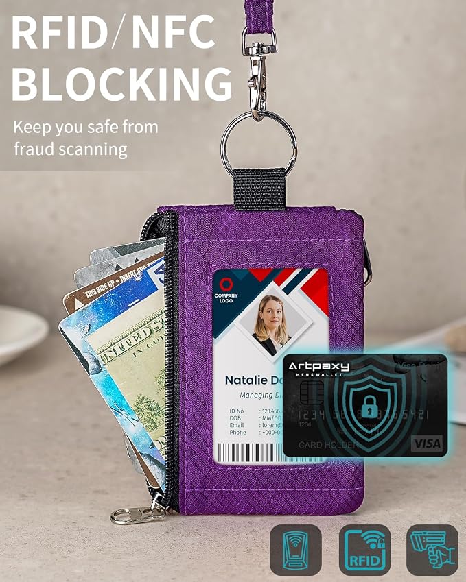 Artpaxy Minimalist Wallet For Mens Womens, Keychain RFID Blocking Zipper Small Wallet with ID Window 2 Lanyards,Water Resistant Travel Cash Card Coin Case Boys Girls - Image 6
