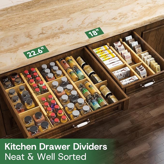 kiplant Bamboo Drawer Dividers - Adjustable Drawer Dividers for Kitchen, Clothes, Closet & Office - 6 Pack with Inserts, 18-22.6 Inches, Non-Slip Silicone Ends - Image 2