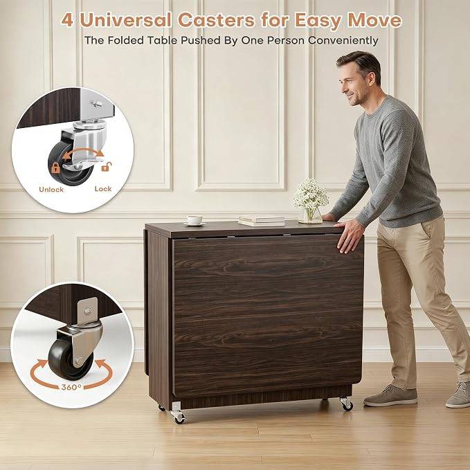 Jocoevol Space Saving Folding Dining Table for 4, Foldable Dining Table with Drawer and Storage Shelf, 6 Wheels Drop Leaf Kitchen Dining Room Table for Small Space (Walnut, 47.2" x 23.6" x 29.9") - Image 8