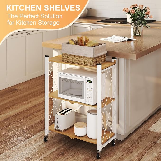 3 Tier Folding Shelf with Wheels, Metal Steel Collapsible Shelves | No Assembly, Portable Folding Storage Shelves, Rolling Standing Utility Rack for Kitchen, Office, Bedroom, Natural - Image 7