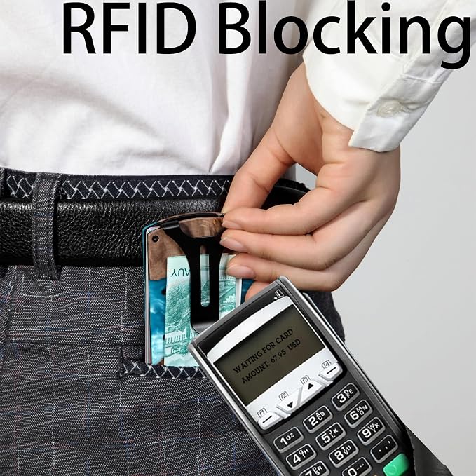 Minimalist Wallet for Men, Slim Metal RFID Blocking Wallet Credit Card Holder Money Clip & Cash Strap, Scratch-Resistant Holds 15 Cards,Ideal Gift for Men | Resin Wood, Unique Pattern ,Light Blue - Image 4