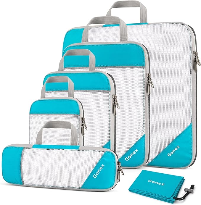 Gonex Compression Packing Cubes for Travel, Mesh Bags Luggage Organizers | Set of 4/5/6/7/10 for Essentials, Extensible, Fits 20"Carry-on Suitcases, See-through Mesh, Double Zipper Compression by Gonex