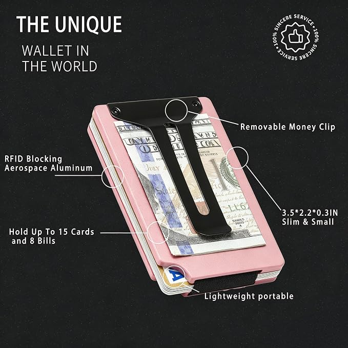 Minimalist Wallet for Men, Slim Metal RFID Blocking Wallet Credit Card Holder Money Clip & Cash Strap, Scratch-Resistant Holds 15 Cards,Ideal Gift for Men | Matte Pink - Image 4