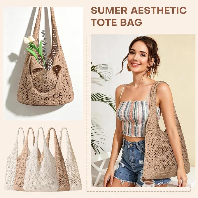 Sightor Crochet Tote Bag, Mesh Beach Bag Knit Summer Hobo Bag for Women | Beach Tote bag Vacation Outfits Aesthetic Boho Bag - Image 5