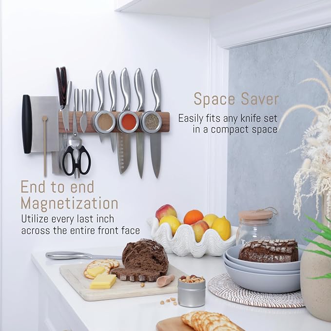 Walnut 16 inch Magnetic Knife Holder for Wall with 2x Storage & Charming Wood - Knife Magnetic Strip, Under Cabinet Magnet Knives Storage - Magnet Strip Rack Kitchen Utensil Holder Organizer Tool - Image 9