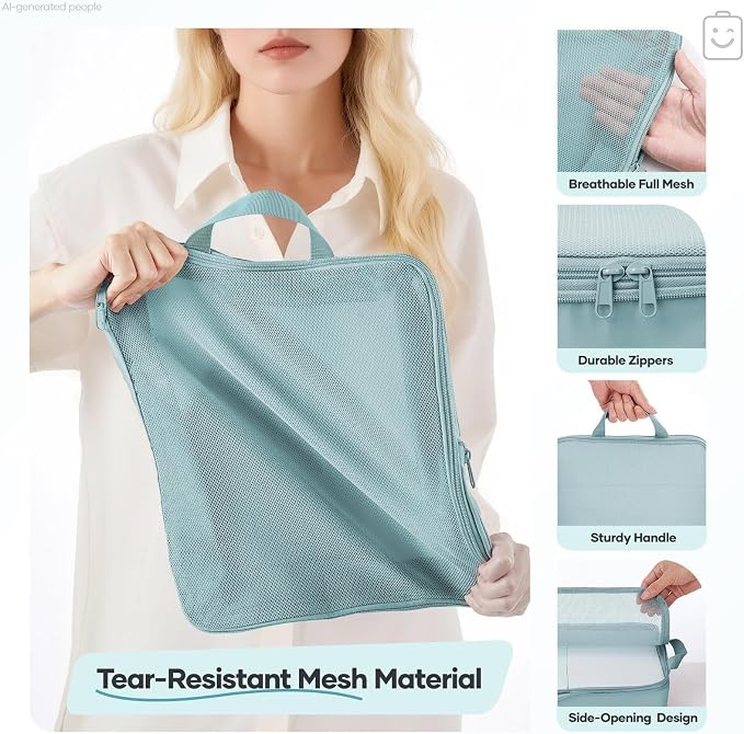 Veken 9/11 Set Compression Packing Cubes Garment Bags for Travel Essentials,Compressible Expandable Luggage Organizer Bags for Clothing,Space Saver Bags with Over 1000 pcs of Mesh Holes(Blue Gray) - Image 7