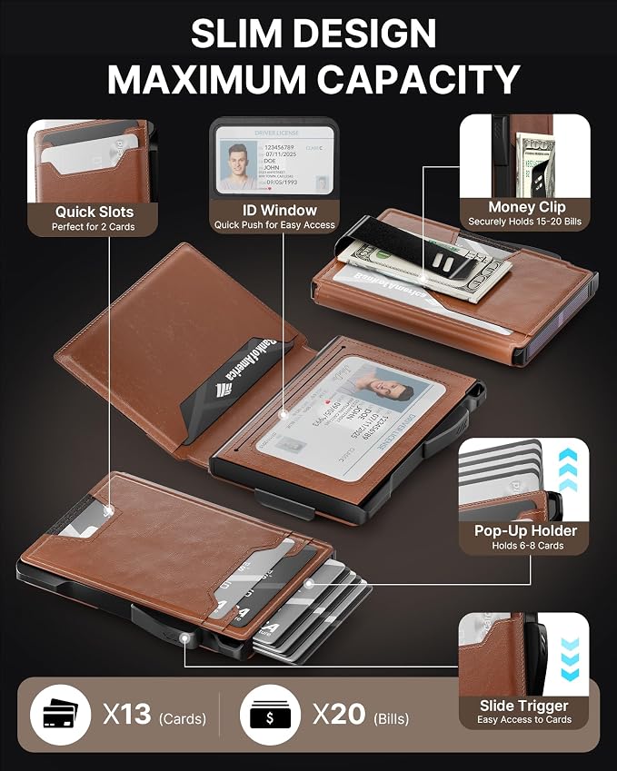 typecase Wallet for Men: Rfid-blocking with Money Clip Slim Leather Bifold ID Window Smart Pop Up Card Case Front Pocket Wallet with Gift Box (Light Brown) - Image 2