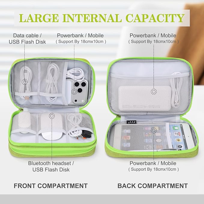FYY Electronic Organizer, Travel Tech Pouch Bag, Large, Green | Wrist Strap, Waterproof, Double Layers Portable Electronics Travel Carrying Case for Cord, Charger, Daily Business Trips Use - Image 3