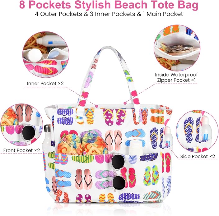 Trifabricy Beach Bags for Women, Waterproof Large Tote Bag With Zipper | Waterproof Sandproof, Zipper Closure, Wet Pocket, For Beach Gym Travel Shopping Vacation, Durable Lightweight, Easy Clean - Image 4