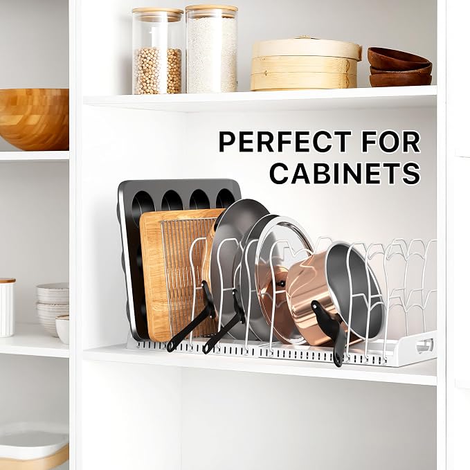Simple Houseware Expandable Pan Rack 10 Adjustable Compartments, White | Kitchen Cabinet Organizer for Pots, Pans, Lids & Bakeware - Pantry & Countertop Storage - Image 6