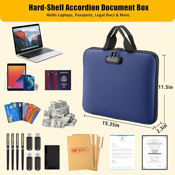 facka Fireproof Document Box with Lock, Hard-Shell Safe File Organizer | 13-Pocket Accordion Folder for Important & Legal Documents, Laptop, Passport, Cards & Valuables, Home Office Travel Blue - Image 2