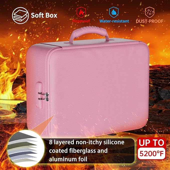 DocSafe 5200°F Fireproof Document Organizer Box with Lock, Pink (Soft) | Heat Insulated 8 Layers File Protection Bag,Water-Resistant Zipper,Portable Home Office Travel Safe Storage for Files,Laptop - Image 2