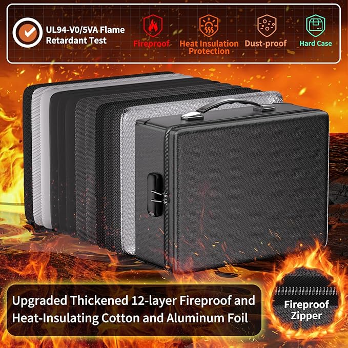 DocSafe Fireproof Document Box with Lock - 12 Layers Heat Insulated, Black | File Organizer Hard Case Safe Box with Fireproof Zipper, Home Safe Protects Important Documents, Passport, Cash - Image 2