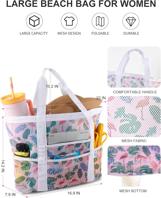 Genteen 40L Mesh Beach Bag, Foldable Sandproof Tote with Waterproof Pocket Quick Dry for Women Family Pool Vacation - Image 4