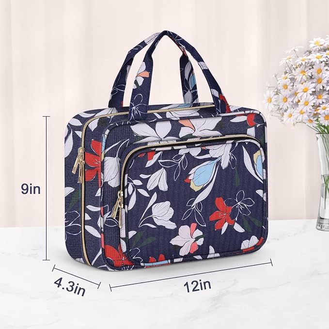 Toiletry Bag for Women, Large Cosmetic Travel Bag, Hanging Toiletry Bag for Bathroom, PVC Waterproof Makeup Bag, Toiletries Bag for Travel Business Trips and Camping, Blue+White Floral - Image 6
