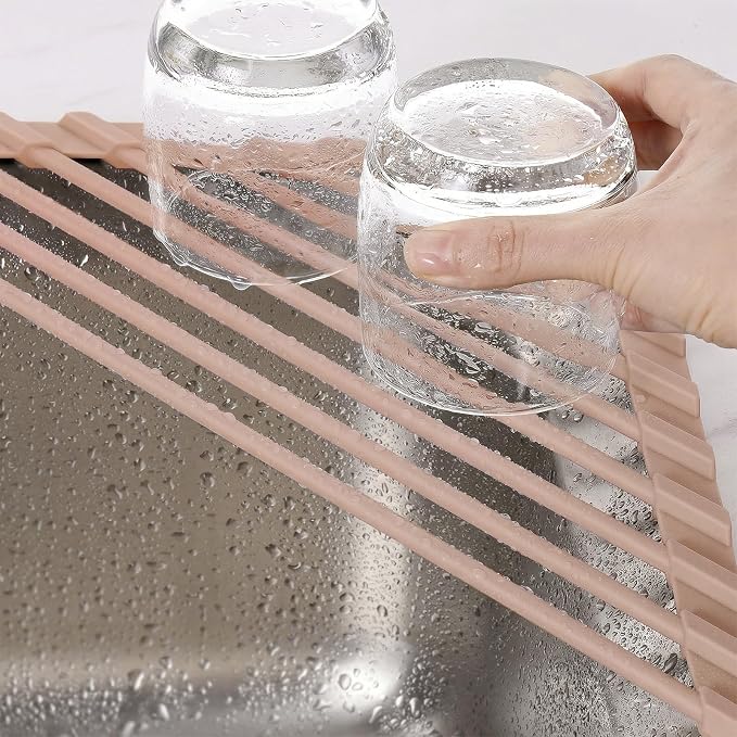 Tomorotec Roll Up Dish Drying Rack with Silicone Coating, Light Coffee | 304 Stainless Steel with BPA-Free Silicone, Triangle Design Maximizes Sink Corner Space, Fits Compact Kitchens And RVs - Image 4