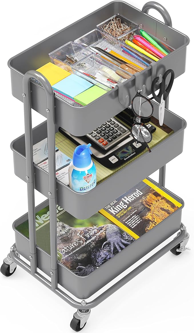 Simple Houseware 3-Tier Heavy Duty Metal Utility Rolling Cart, Silver - Image 3