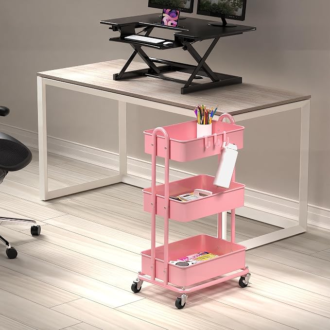Simple Houseware 3-Tier Heavy Duty Metal Utility Rolling Cart, Pink - Image 2