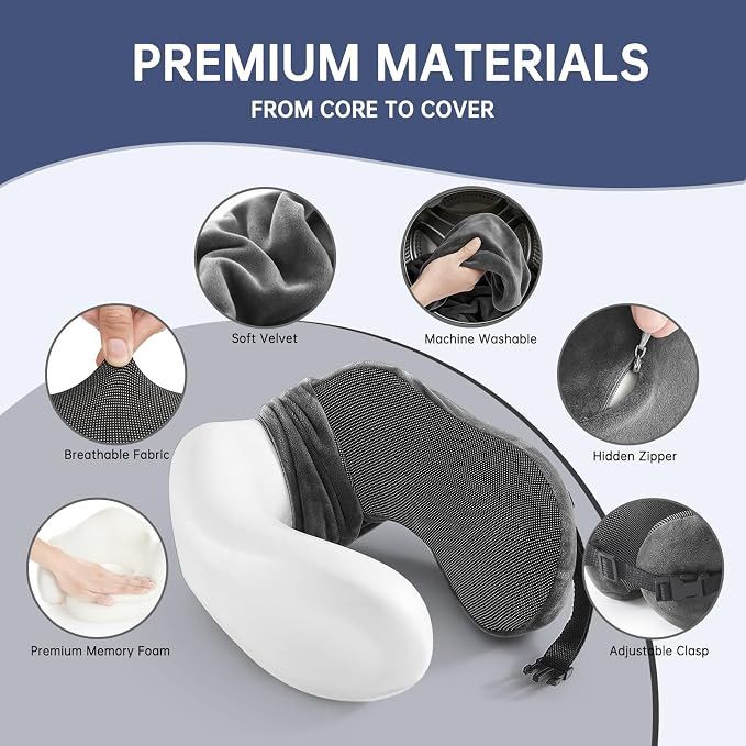 Neck Pillow Travel Pillow - 100% Pure Memory Foam Airplane Pillow with Adjustable Clasp & Removable Cover, Portable Travel Essentials for Long Flights, Car & Office (Dark Gray) - Image 3