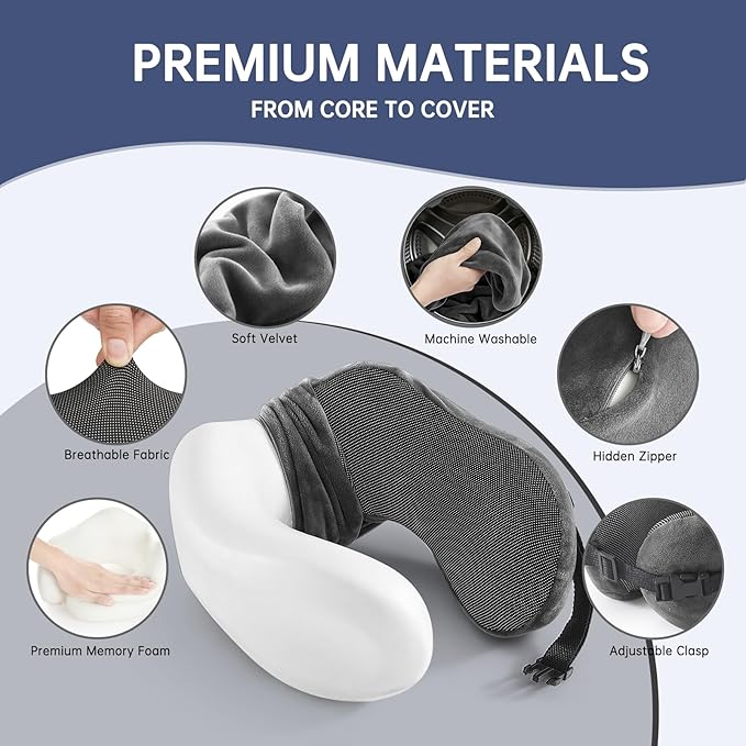 Neck Pillow Travel Pillow - 100% Pure Memory Foam Airplane Pillow with Adjustable Clasp & Removable Cover, Portable Travel Essentials for Long Flights, Car & Office (Dark Gray, with Eye Mask) - Image 3