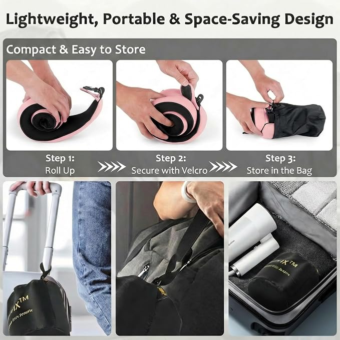 Memory Foam Wrap Around Travel Neck Pillow for Airplane, Pink | Travel pillow for airplanes with adjustable 360° neck support, breathable, washable cover, eye mask, earplugs & compact bag - Image 4