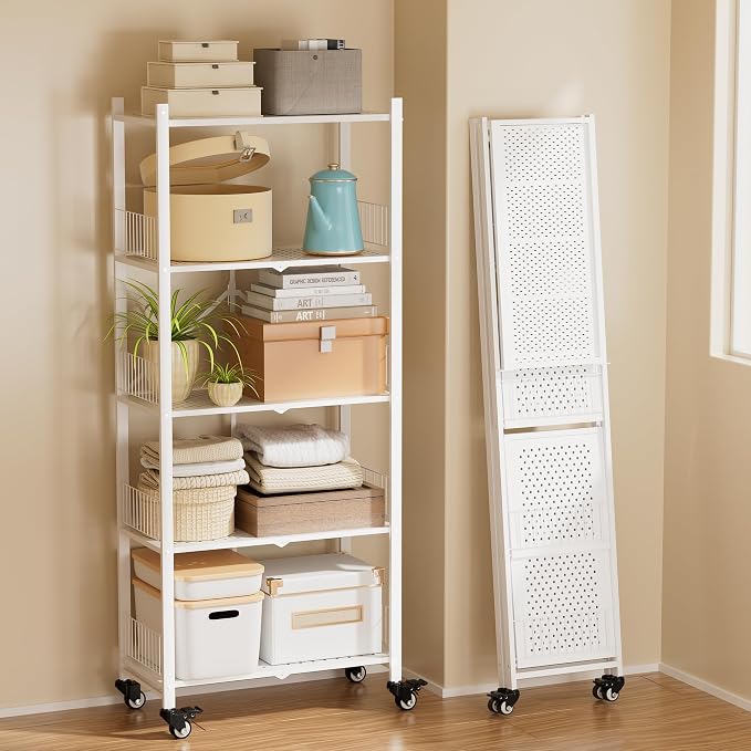 Folding Shelves No Assembly, 5 Tier Foldable Storage Shelves with Wheels, 220LBS Per Shelf Metal Collapsible Rack for Pantry Storage & Home Organization, White by Unknown