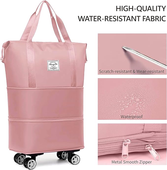 Expandable Foldable Duffel Bag with Detachable Rolling Wheels, Large Carry-On Luggage for Travel, Gym, Camping, Shopping, Business Trip (Pink) - Image 3