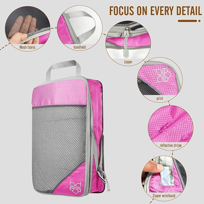 8 Set Compression Packing Cubes for Travel, Expandable Luggage Organizer with Shoe Bag & Laundry Bag - Lightweight Suitcase & Backpack Travel Essentials (Pink) - Image 4