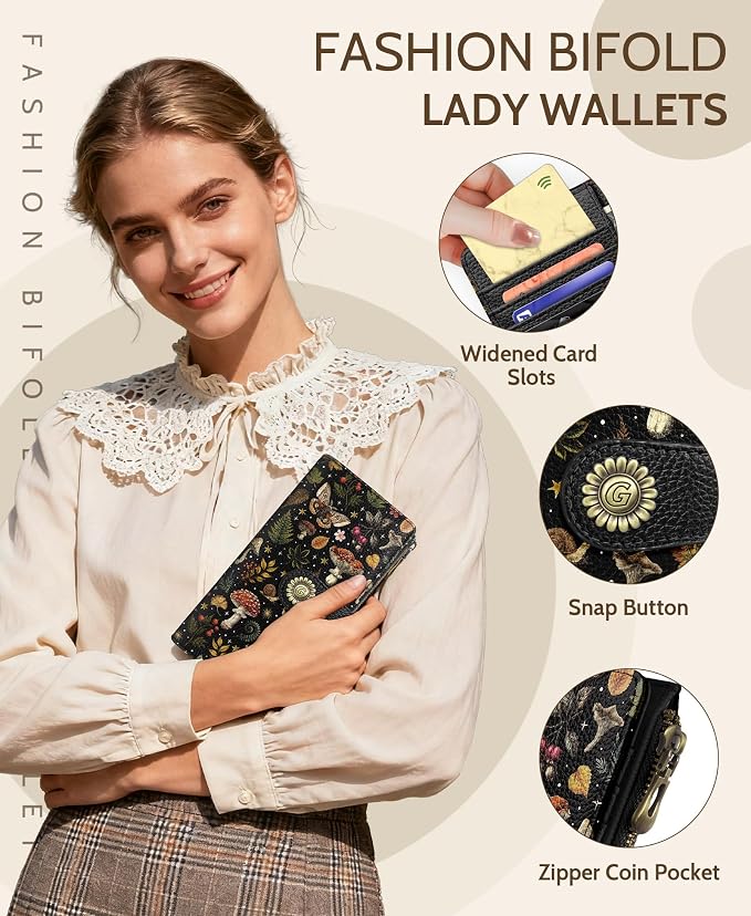 GIANCOMICS Mushroom Womens Wallet RFID Blocking, Credit Card Holder Bifold | Billfold, Cute Cash Purse, Travel Zipper Coin Pocket, Compact Clutch, PU Leather, ID Window, 11 Card Slots, Ladies Gift Woman - Image 6