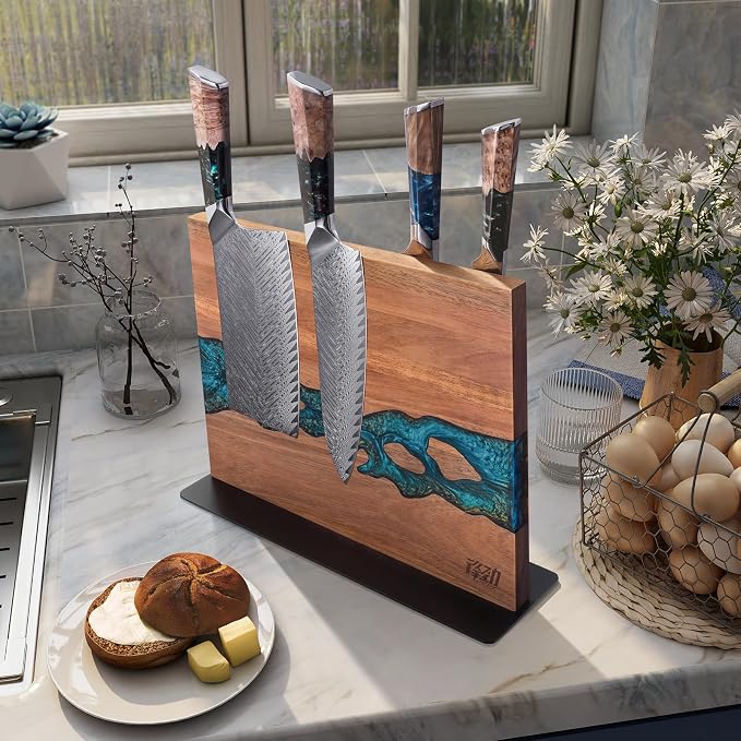 Magnetic Knife Block, Double Sided Holder, Powerful Magnet Kitchen Storage, Acacia Wood and Blue Resin (12 x 10 Inches, Without Knives) - Image 8