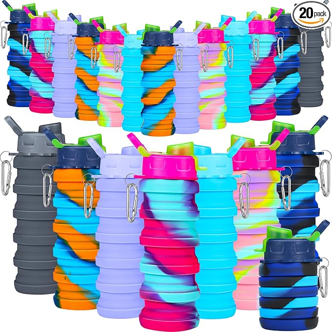 Sunnyray 20 Pack Collapsible Water Bottles Bulk Foldable Water Bottles 17oz Silicone Portable Leak Proof Reusable Sports with Clip for Travel Hiking Camping Outdoor (Camouflage) by Sunnyray