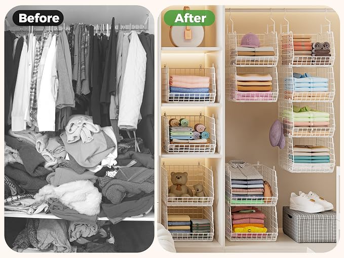 4" Extra Deeper Foldable Hanging Closet Organizer, Small Wire Cabinet Shelves and Storage with 5 S Hooks,4 Tier Metal Basket Bins for Clothes Sweaters Handbags, Wardrobe for Kitchen Laundry Room，White - Image 9