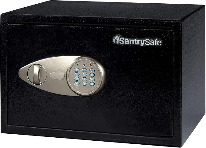 SentrySafe Safe with Digital Keypad Lock, Steel Safe with Interior Lining and Bolt Down Kit for Money, Jewelry, Electronics, 0.58 Cubic Feet, 8.7 x 13.8 x 9.7 Inches, X055 | Steel Safe With Interior Lining and Bolt Down Mounting Kit and Digital Keypad ... by SentrySafe