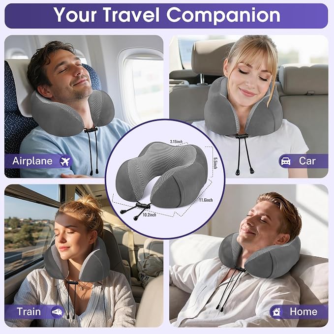 CloudBliss Memory Foam Travel Neck Pillow, Set of 2, Black & Dark Grey - Image 7