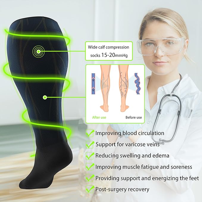 LEVSOX Wide Calf Compression Socks for Women&Men Plus Size 15-20mmHg Knee High Large Support Stockings for Circulation - Image 6