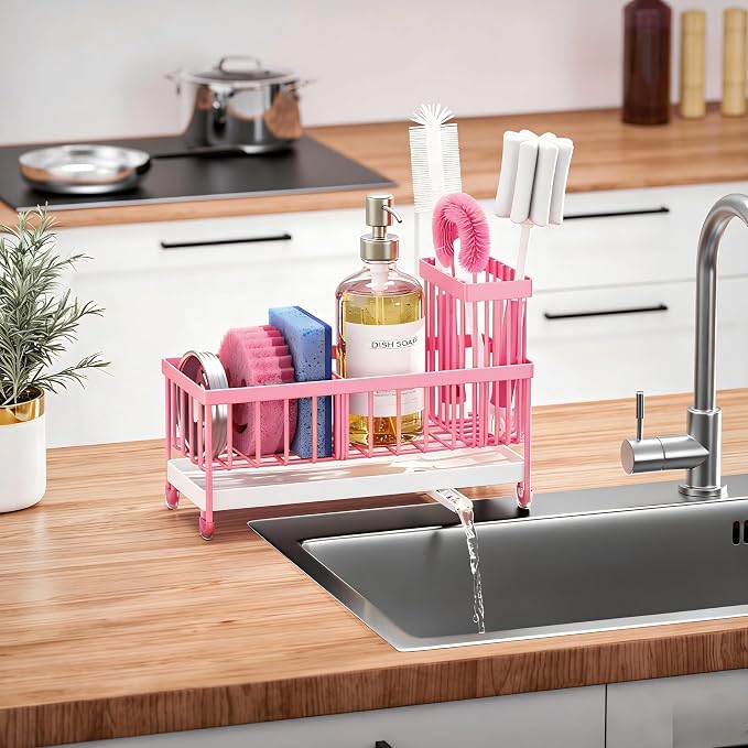 Cisily Sponge Holder for Kitchen Sink, Sink Caddy Organizer with High Brush Holder, Kitchen Countertop Organizers and Storage Essentials, Rustproof 304 Stainless Steel (Pink, 9.25″) - Image 7