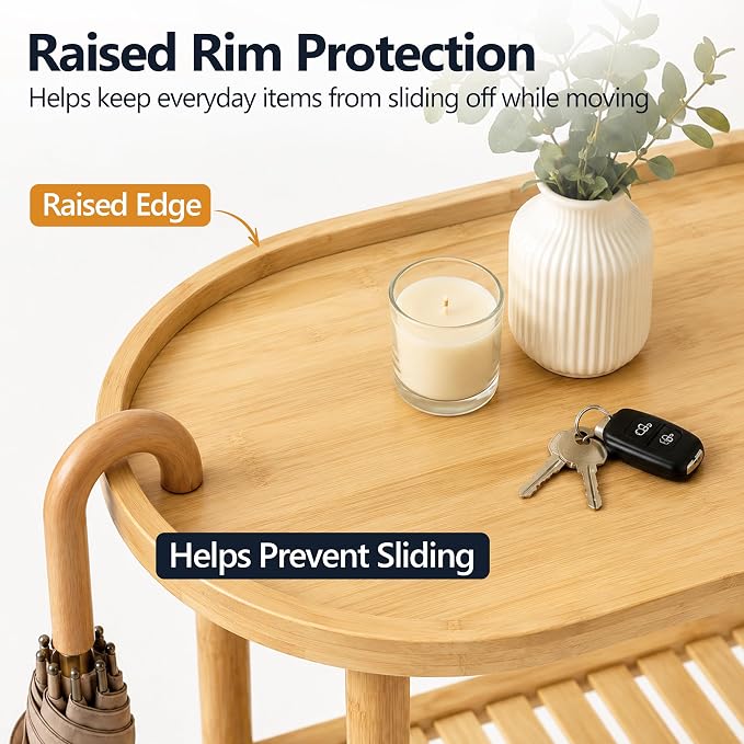 3-Tier Rolling Entryway Table, Bamboo Console Table with Anti-Fall Edge & Wheels, Oval Narrow Hallway Table for Entryway, Living Room, 30.6” Slim Sofa Side Table, Shoe Rack Shelf or Plant Stand - Image 5