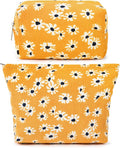 SOIDRAM 2 Pieces Flower Makeup Bag Large Cosmetic Bag Capacity Canvas Mix Travel Toiletry Bag Organizer Cute Makeup Brushes Aesthetic Accessories Storage Bag for Women,Little Flower Mix Yellow by SOIDRAM