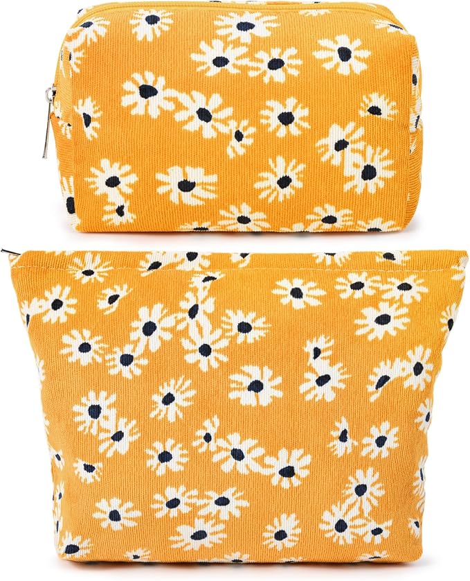 SOIDRAM 2 Pieces Flower Makeup Bag Large Cosmetic Bag Capacity Canvas Mix Travel Toiletry Bag Organizer Cute Makeup Brushes Aesthetic Accessories Storage Bag for Women,Little Flower Mix Yellow by SOIDRAM