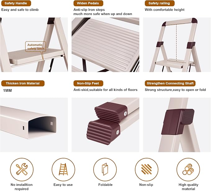 Step Ladder 3-Step White Finish Folding Ladders | Anti-slip Sturdy Foldable Ladder Step Stool for Kitchen Home Office Libaray - Image 3