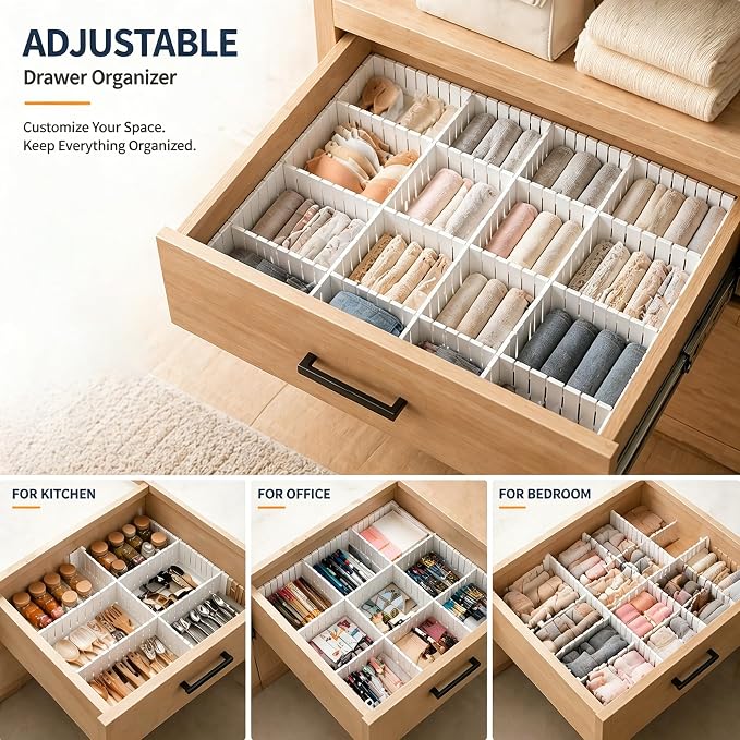 Adjustable Drawer Dividers, Cut-to-Fit DIY Organizers, White, 8 Pack | For Tidying Cutlery, Makeup, Clothes and Dresses in Drawers, Desks and Storage Boxes for Kitchen, Bathroom, Bedroom & Office - Image 7