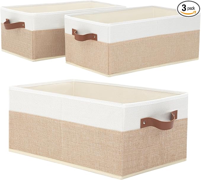 Closet Organizer Bins 3 Pack, Large Storage Bins for Shelves | Foldable Closet Storage Boxes Baskets with Leather Handles for Organizing Clothes, Sheets, Jeans, Toys, Books（Begie） by Unknown