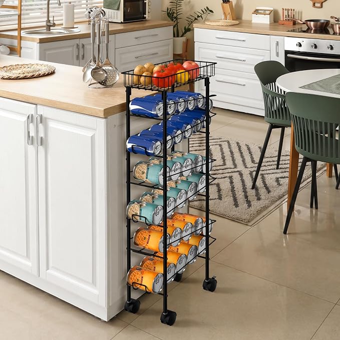 MOOACE Slim Soda Can Organizer Rack, Canned Food Organizer with Wheels | Cans Dispenser Shelf, Rolling Kitchen Storage Carts, Beverage Soup Cans Drink Holder for Pantry Narrow Space, Black - Image 6